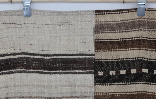 5x6 Vintage Turkish Kilim Patchwork Rug, Brown Beige Striped Wool Cotton Flatweave, Handmade Boho Area Rug