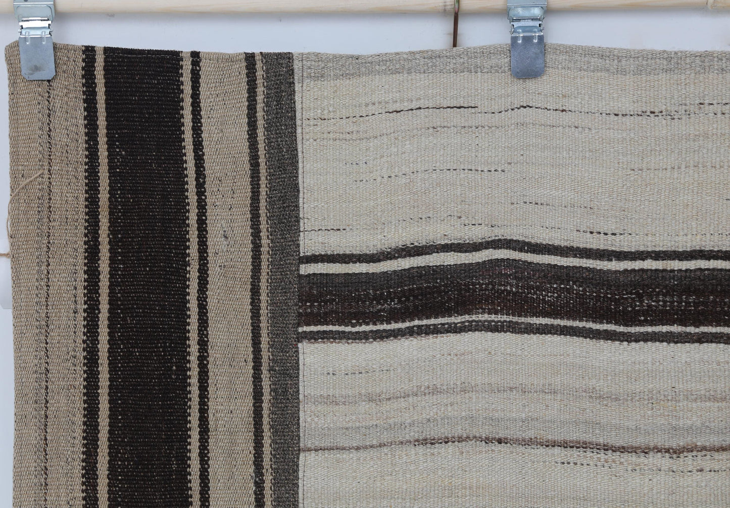 5x6 Vintage Turkish Kilim Patchwork Rug, Brown Beige Striped Wool Cotton Flatweave, Handmade Boho Area Rug