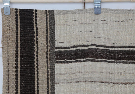 5x6 Vintage Turkish Kilim Patchwork Rug, Brown Beige Striped Wool Cotton Flatweave, Handmade Boho Area Rug
