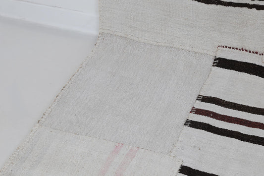 7x10 Vintage Turkish Hemp Patchwork Rug, White Black Striped Handmade Kilim, Minimal Flatweave Area Rug