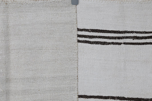 7x10 Vintage Turkish Hemp Patchwork Rug, White Black Striped Handmade Kilim, Minimal Flatweave Area Rug