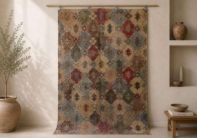 Vintage Turkish Wool Cotton Rug, Multicolor Geometric (4x6) - photo 1 of 9