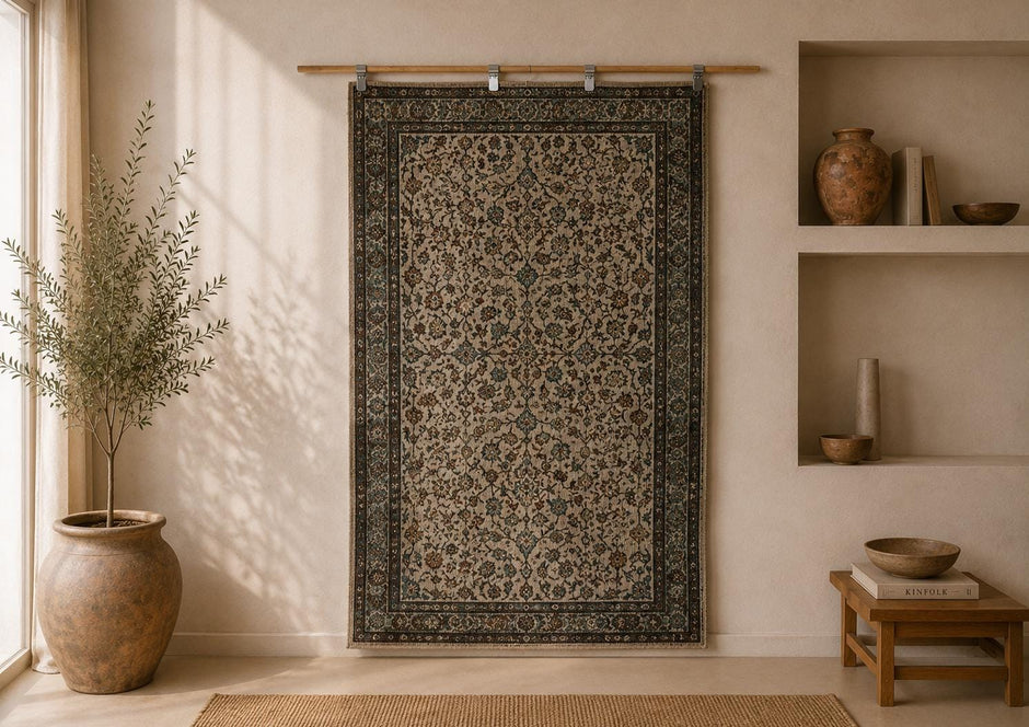 4x7 Vintage Turkish Floral Rug, beige green full view
