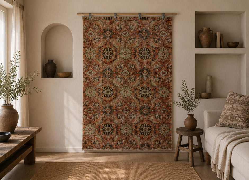 5x8 Vintage Turkish Floral Runner Rug, Orange Beige Wool Cotton Rug, Handmade Distressed Hallway Area Rug