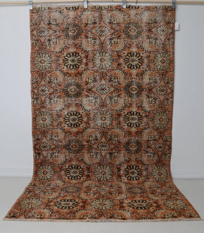 5x8 Vintage Turkish Floral Runner Rug, Orange Beige Wool Cotton Rug, Handmade Distressed Hallway Area Rug
