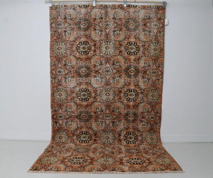 5x8 Vintage Turkish Floral Runner Rug, Orange Beige Wool Cotton Rug, Handmade Distressed Hallway Area Rug