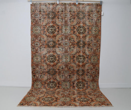 5x8 Vintage Turkish Floral Runner Rug, Orange Beige Wool Cotton Rug, Handmade Distressed Hallway Area Rug