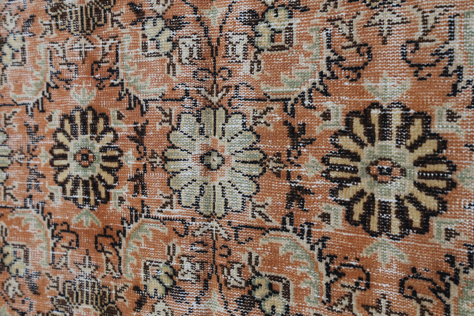 5x8 Vintage Turkish Floral Runner Rug, Orange Beige Wool Cotton Rug, Handmade Distressed Hallway Area Rug