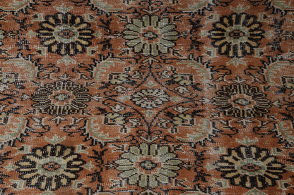5x8 Vintage Turkish Floral Runner Rug, Orange Beige Wool Cotton Rug, Handmade Distressed Hallway Area Rug