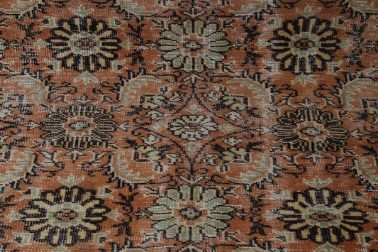 5x8 Vintage Turkish Floral Runner Rug, Orange Beige Wool Cotton Rug, Handmade Distressed Hallway Area Rug