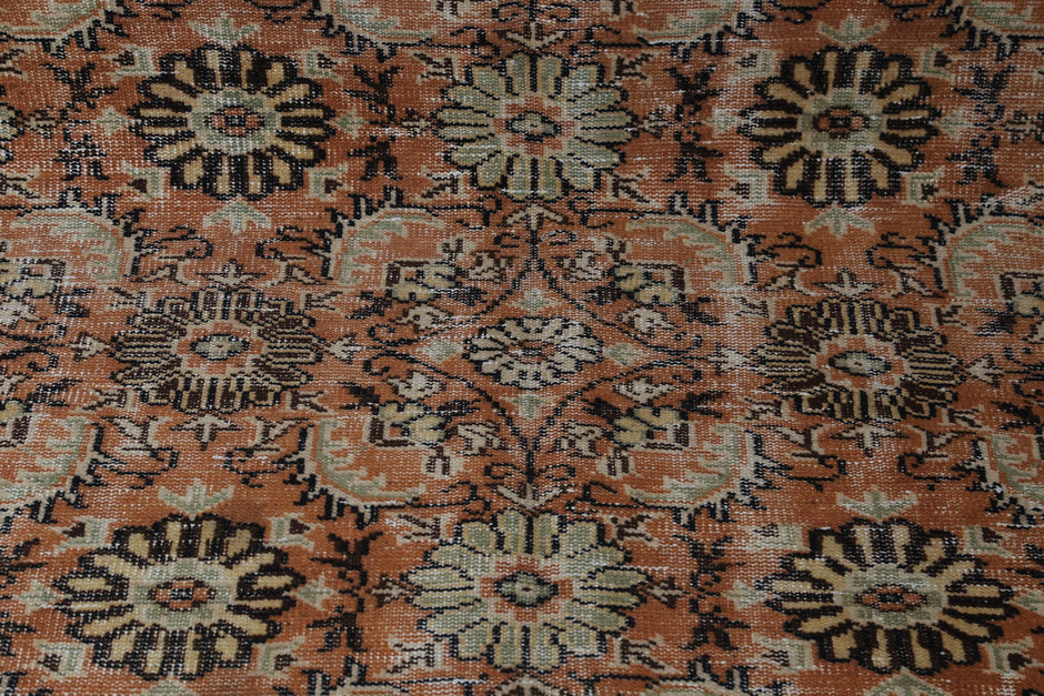 5x8 Vintage Turkish Floral Runner Rug, Orange Beige Wool Cotton Rug, Handmade Distressed Hallway Area Rug
