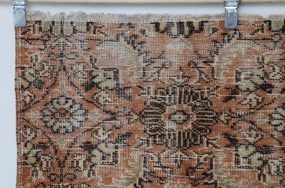 5x8 Vintage Turkish Floral Runner Rug, Orange Beige Wool Cotton Rug, Handmade Distressed Hallway Area Rug