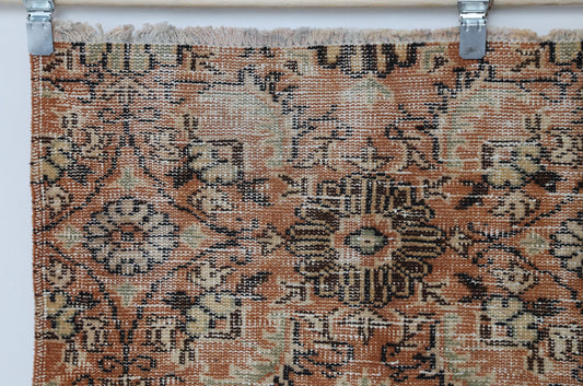5x8 Vintage Turkish Floral Runner Rug, Orange Beige Wool Cotton Rug, Handmade Distressed Hallway Area Rug