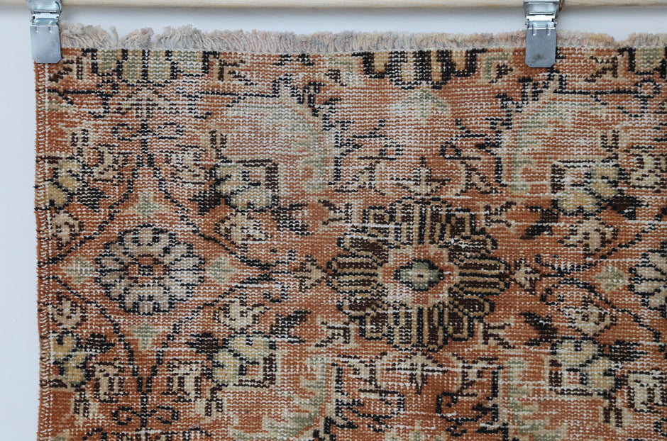 5x8 Vintage Turkish Floral Runner Rug, Orange Beige Wool Cotton Rug, Handmade Distressed Hallway Area Rug