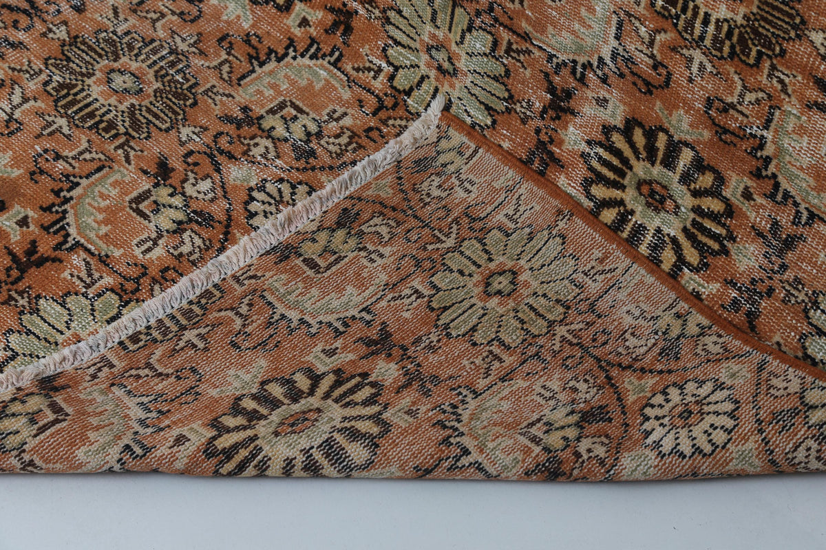 5x8 Vintage Turkish Floral Runner Rug, Orange Beige Wool Cotton Rug, Handmade Distressed Hallway Area Rug