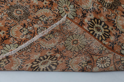 5x8 Vintage Turkish Floral Runner Rug, Orange Beige Wool Cotton Rug, Handmade Distressed Hallway Area Rug