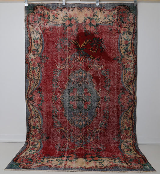 5x8 Vintage Turkish Oriental Rug, Red Beige Distressed Wool Cotton Area Rug, Handmade Traditional Medallion Decor