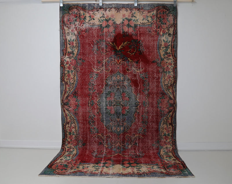 5x8 Vintage Turkish Oriental Rug, Red Beige Distressed Wool Cotton Area Rug, Handmade Traditional Medallion Decor