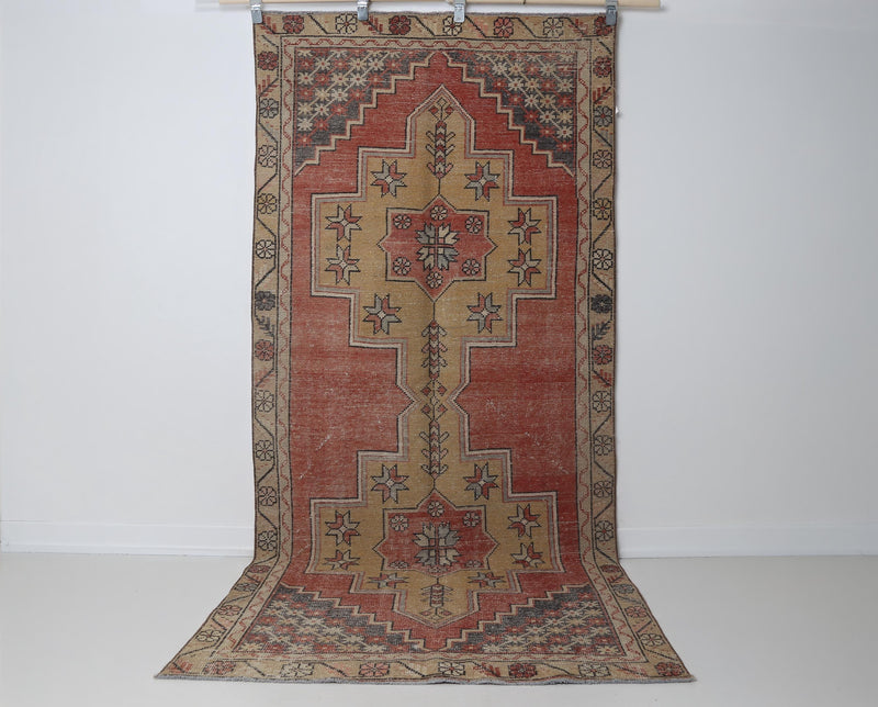 4x8 Vintage Turkish Runner Rug, Red Yellow Oriental Hallway Rug, Handmade Distressed Wool Cotton Decor