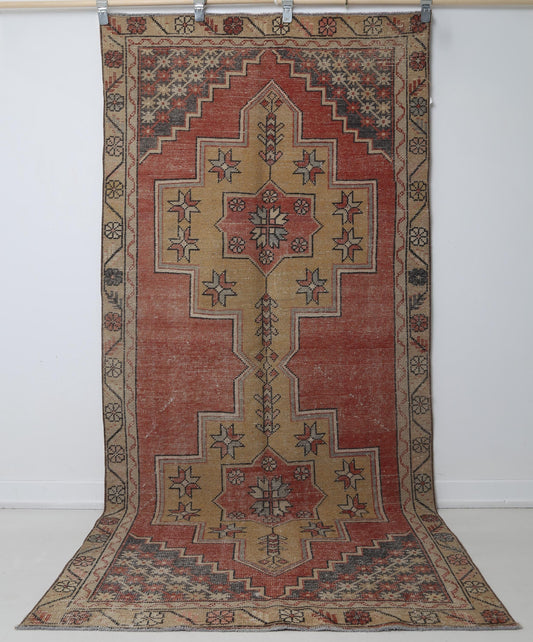 4x8 Vintage Turkish Runner Rug, Red Yellow Oriental Hallway Rug, Handmade Distressed Wool Cotton Decor