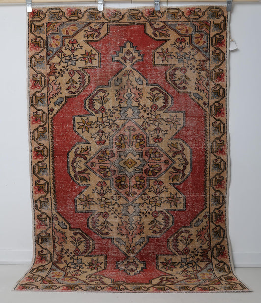4x7 Vintage Turkish Rug, Red Beige Oriental Area Rug, Handmade Distressed Wool Cotton Decor