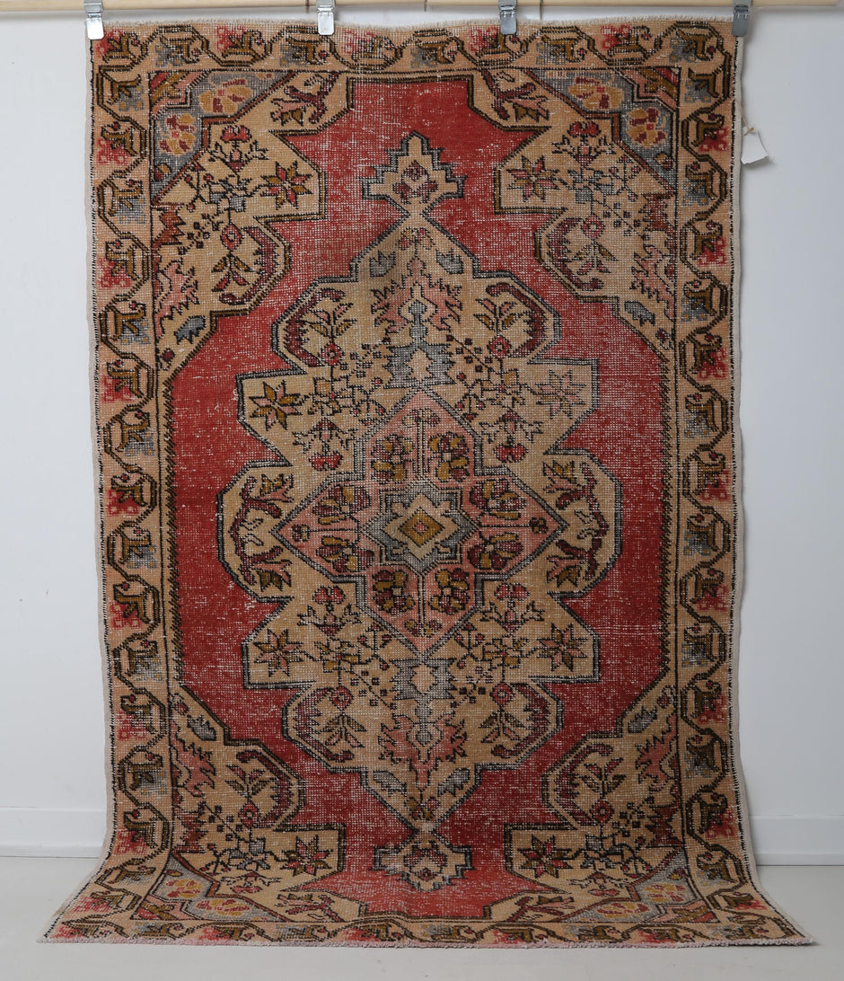 Distressed wool cotton texture detail on handmade oriental rug