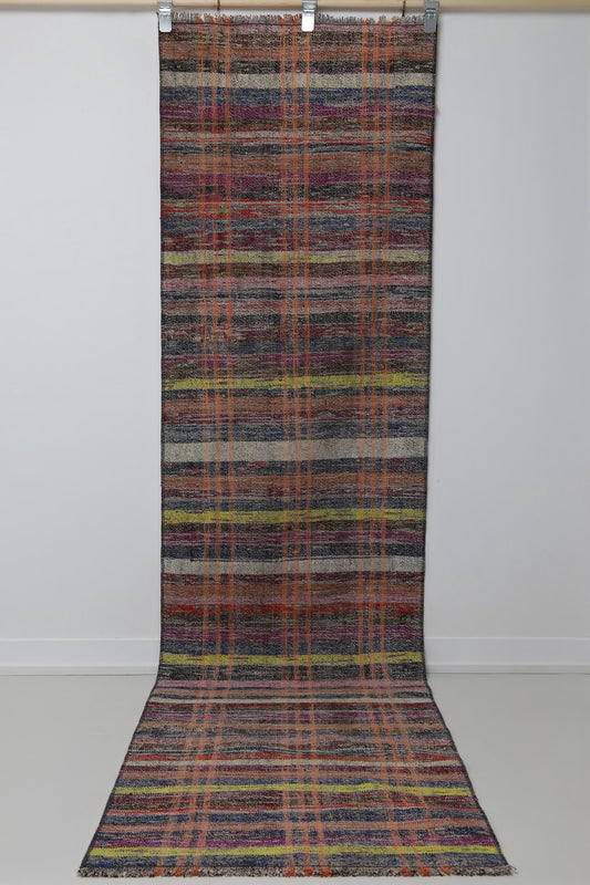 2'4 x 9'2 Vintage Turkish Kilim Runner, Multicolor Striped Wool Cotton Kilim, Long Hallway Runner Rug