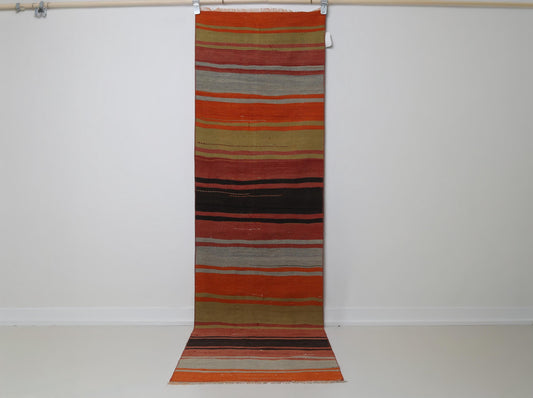 2'4 x 8'0 Vintage Turkish Kilim Runner, Multicolor Striped Wool Rug, Long Hallway Runner