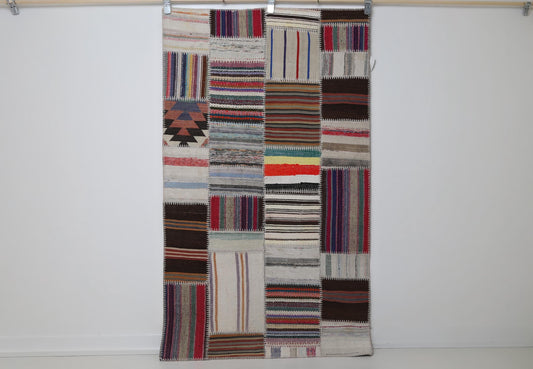 3x6 Vintage Turkish Patchwork Kilim Rug, Multicolor Flatweave Wool Cotton, Boho Area Rug