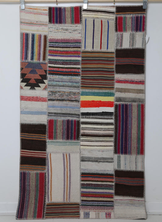 3x6 Vintage Turkish Patchwork Kilim Rug, Multicolor Flatweave Wool Cotton, Boho Area Rug