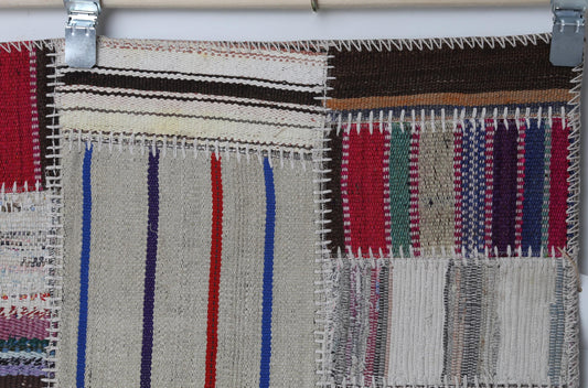 3x6 Vintage Turkish Patchwork Kilim Rug, Multicolor Flatweave Wool Cotton, Boho Area Rug