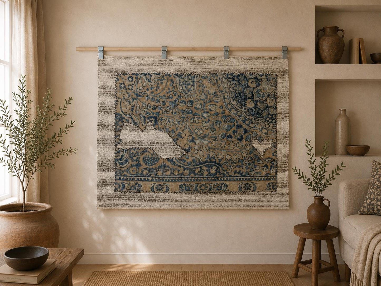 3x4 Vintage Turkish Tapestry Rug, Blue Beige Flatweave Wall Hanging, Handmade Textile Wall Art
