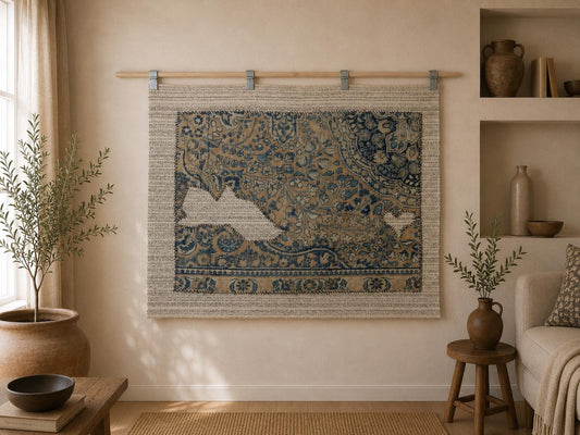 3x4 Vintage Turkish Tapestry Rug, Blue Beige Flatweave Wall Hanging, Handmade Textile Wall Art
