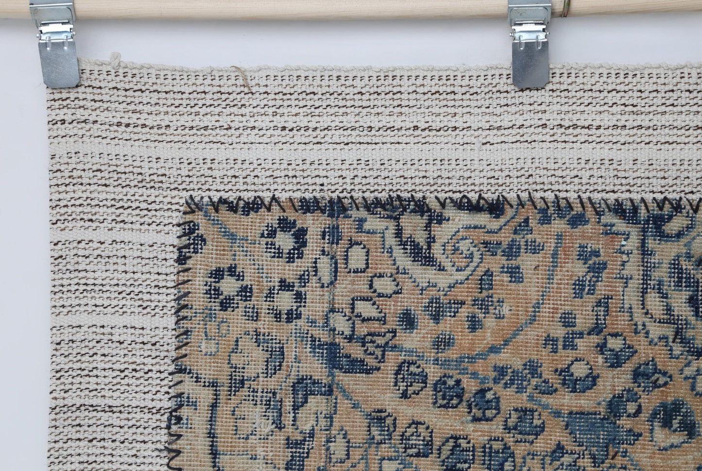 3x4 Vintage Turkish Tapestry Rug, Blue Beige Flatweave Wall Hanging, Handmade Textile Wall Art