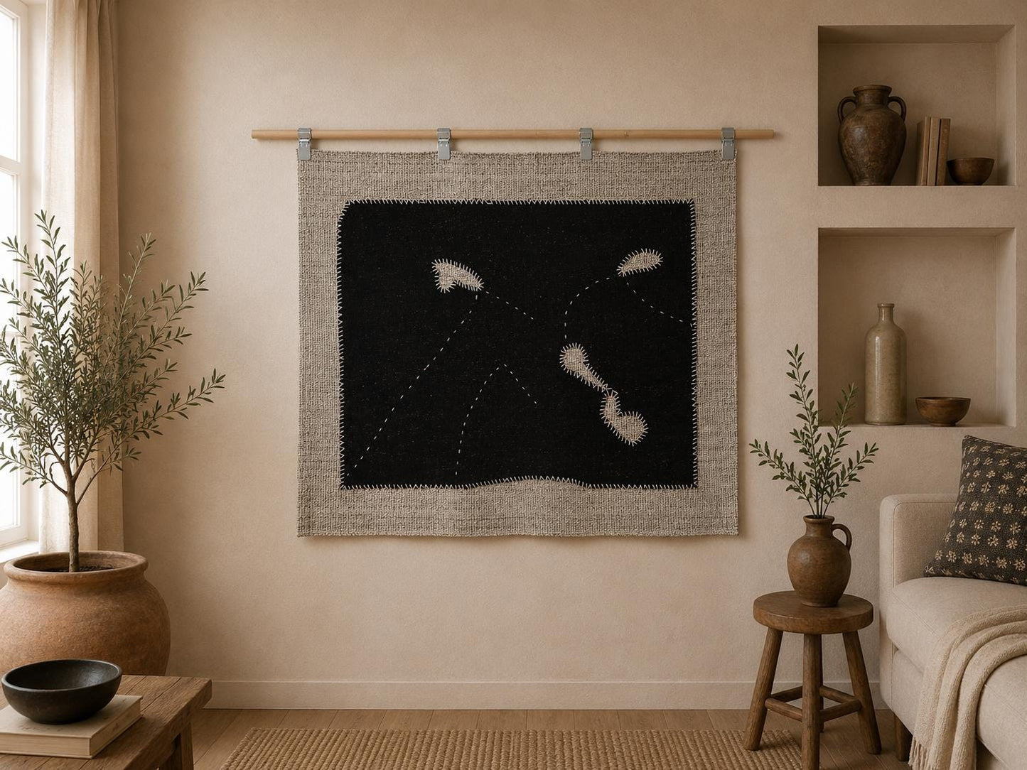 3x4 Vintage Turkish Tapestry Rug, Black Minimalist Wall Hanging, Handmade Flatweave Textile Art