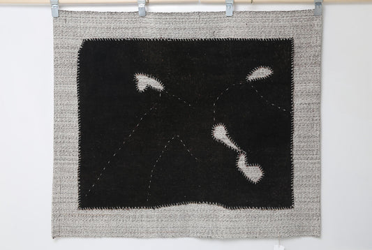 3x4 Vintage Turkish Tapestry Rug, Black Minimalist Wall Hanging, Handmade Flatweave Textile Art