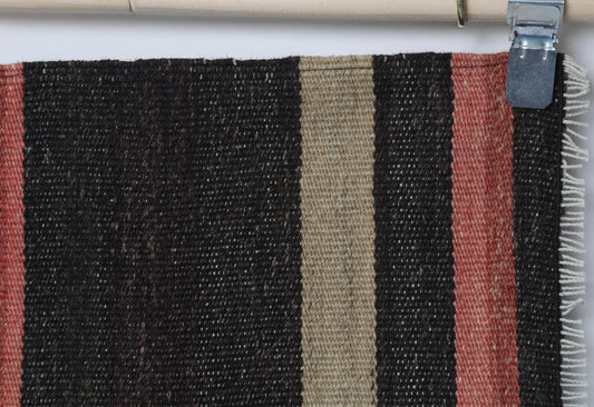 2x5 Vintage Turkish Kilim Runner Rug, Black Brown Striped Wool Flatweave Hallway Rug