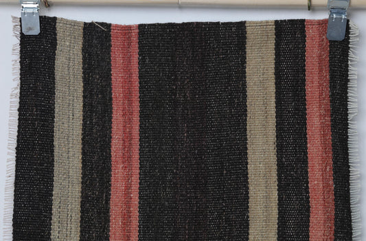 2x5 Vintage Turkish Kilim Runner Rug, Black Brown Striped Wool Flatweave Hallway Rug