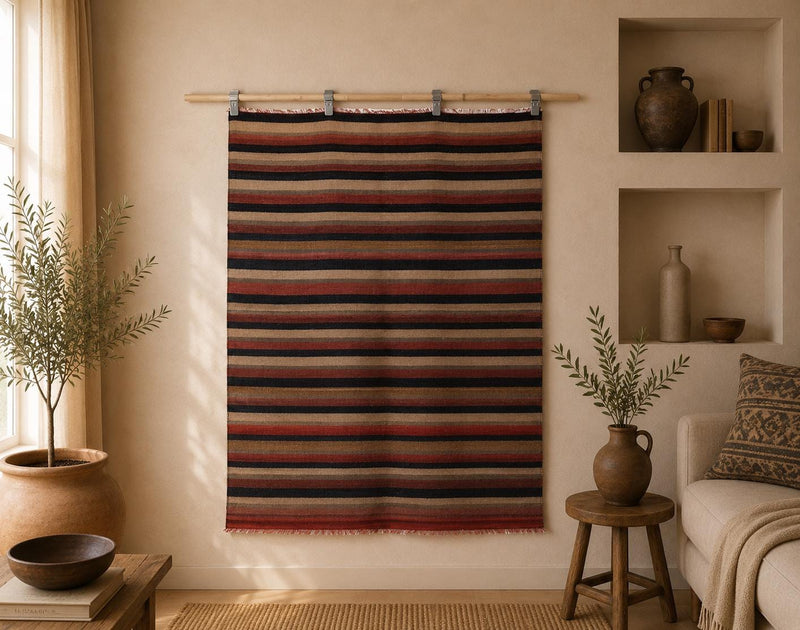 4x5 Vintage Turkish Kilim Rug, Multicolor Striped Handmade Wool Area Rug, Boho Flatwoven Tribal Decor