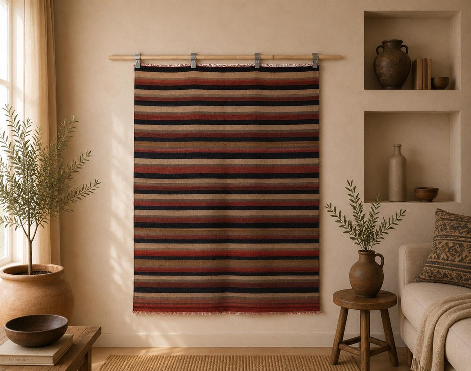 4x5 vintage Turkish kilim rug, multicolor striped boho area rug
