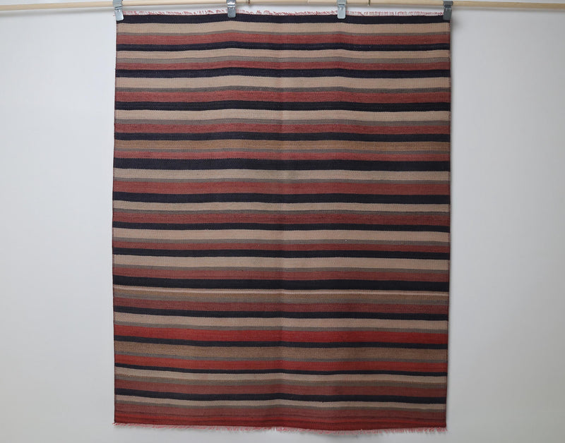 4x5 Vintage Turkish Kilim Rug, Multicolor Striped Handmade Wool Area Rug, Boho Flatwoven Tribal Decor