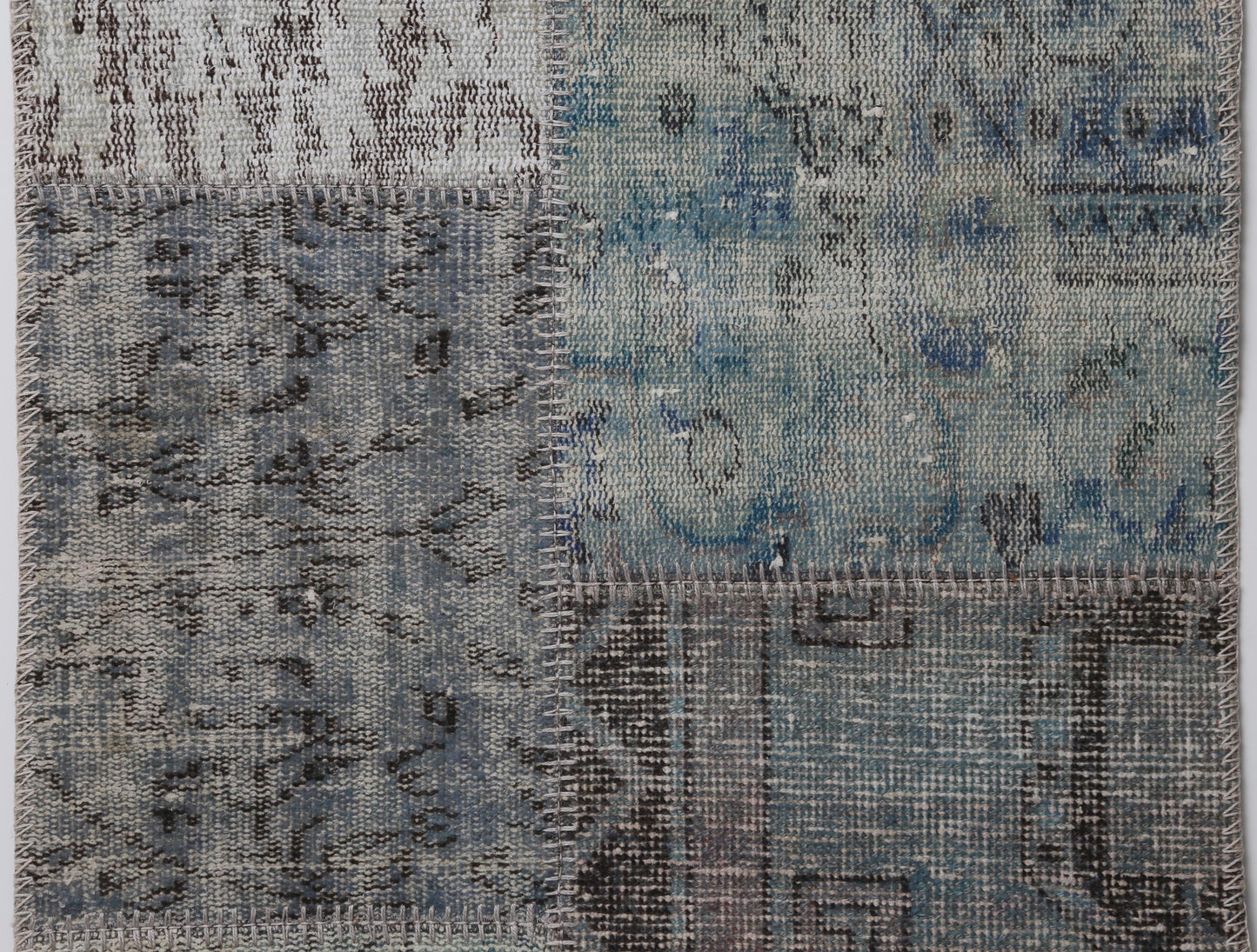 2x8 Vintage Turkish Patchwork Runner Rug, Gray Blue Overdyed Wool Cotton Hallway Rug