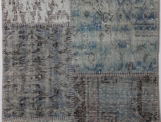 2x8 Vintage Turkish Patchwork Runner Rug, Gray Blue Overdyed Wool Cotton Hallway Rug