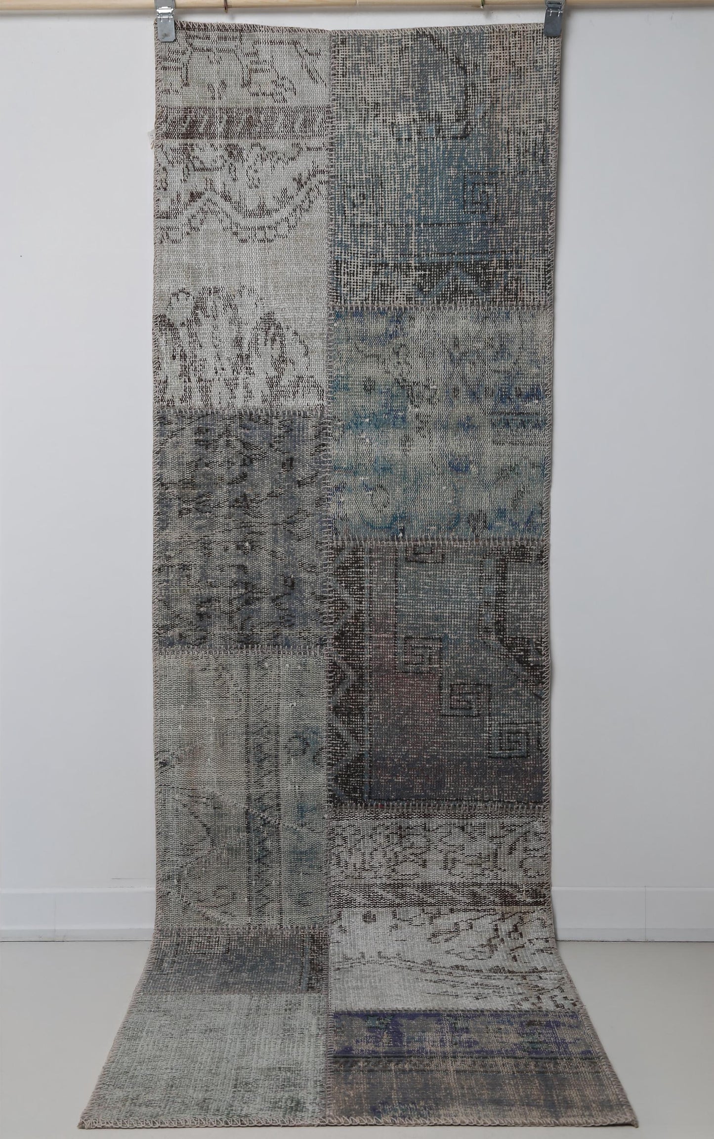 2x8 Vintage Turkish Patchwork Runner Rug, Gray Blue Overdyed Wool Cotton Hallway Rug