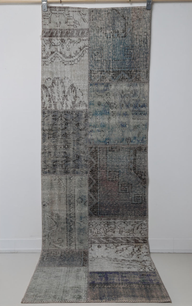 2x8 Vintage Turkish Patchwork Runner Rug, Gray Blue Overdyed Wool Cotton Hallway Rug