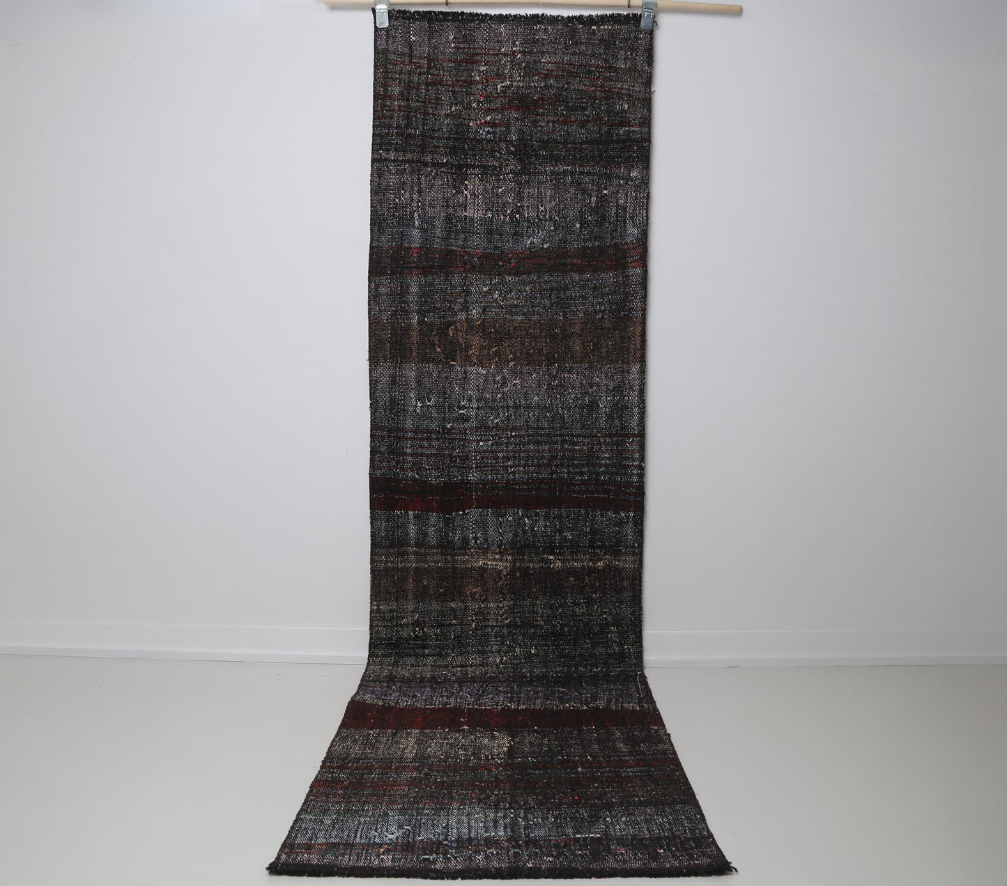 2x9 Vintage Turkish Flatweave Runner Rug, Black Red Striped Wool Cotton Hallway Rug