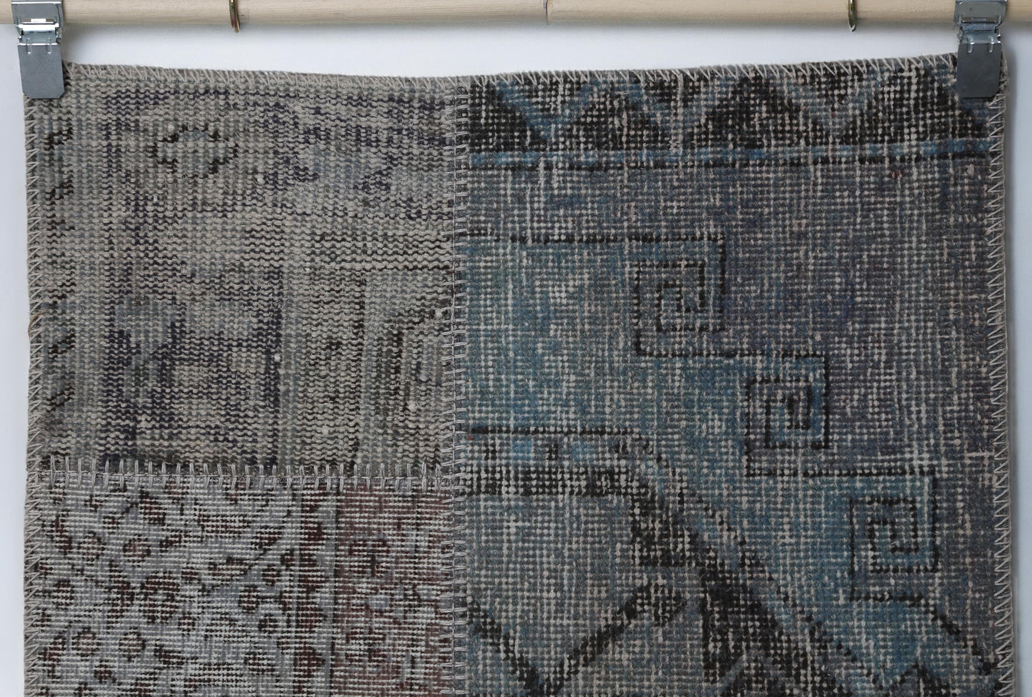 2x8 Vintage Patchwork Runner Rug, Blue Toned Wool Cotton Design, Narrow Hallway Rug