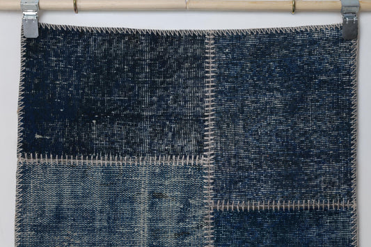 2x8 Vintage Patchwork Runner Rug, Blue Wool Cotton Design, Narrow Hallway Rug