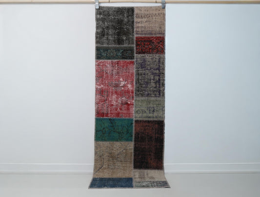 2x7 Vintage Patchwork Runner Rug, Multicolor Wool Cotton Hallway Rug, Handmade Narrow Turkish Runner