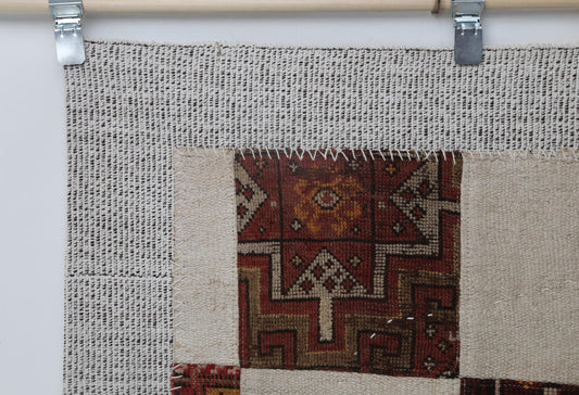 3x4 Vintage Turkish Patchwork Tapestry Rug, Handmade Textile Wall Hanging, Boho Flatweave Decor